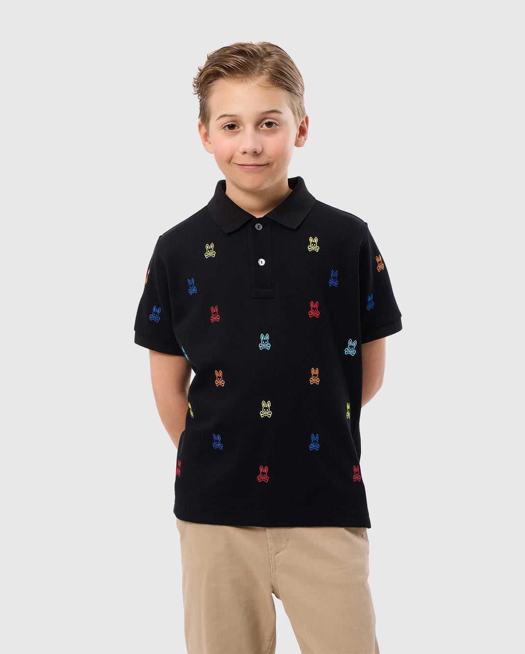 Polos Psycho Bunny Bonham All Over Bunny Pique Polo Noir Enfant | BQC-69697218